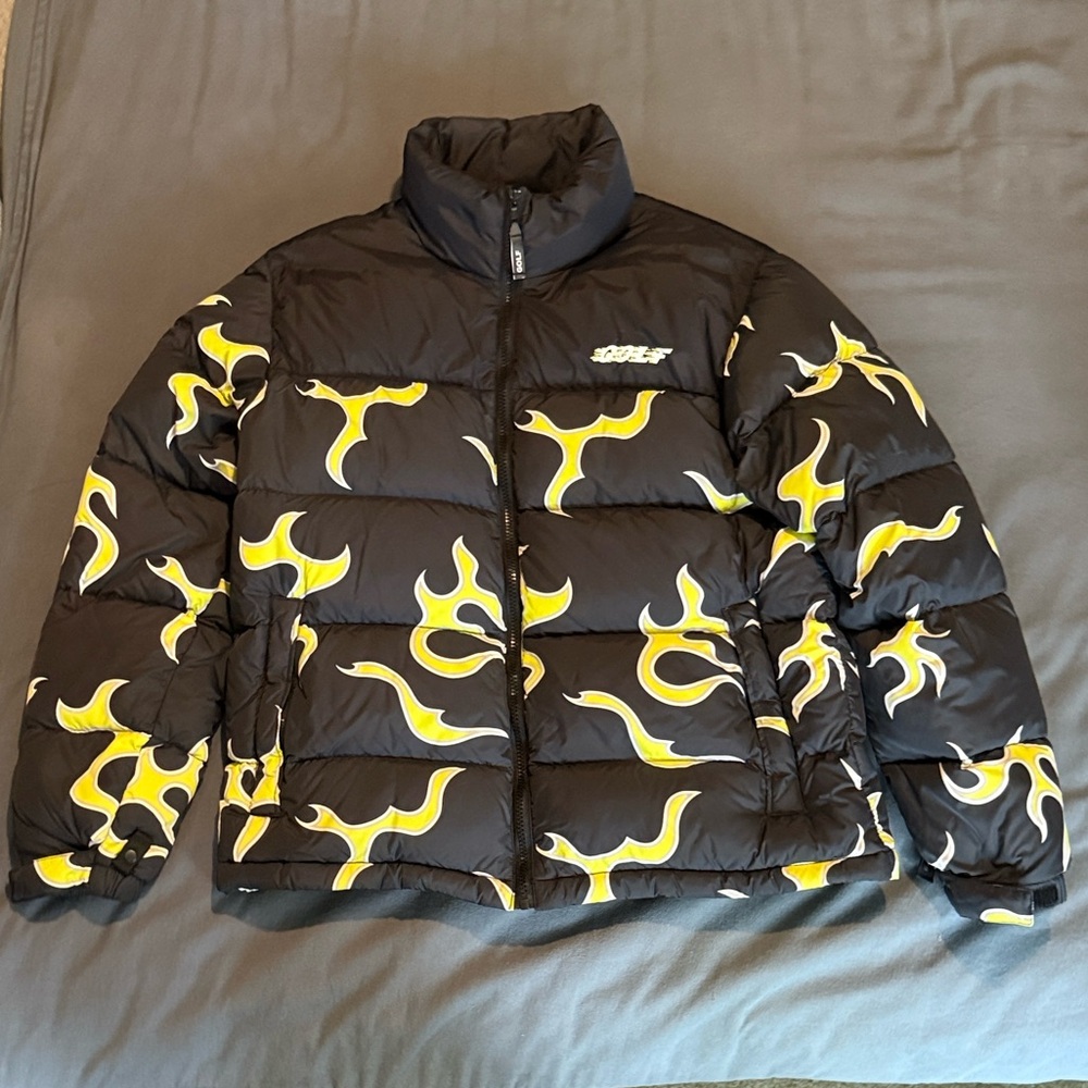 Golf Wang Black Puffer Jacket with Yellow Flame Print